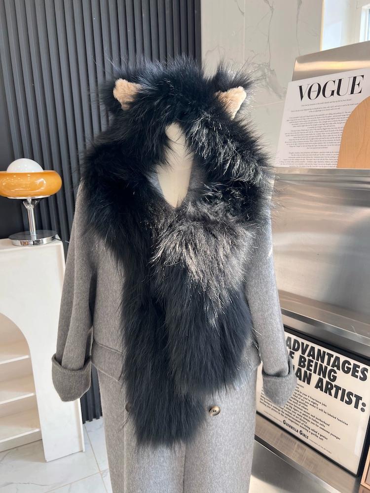 Шапка из меха лисы, шарф из меха медведя, встроенная меховая зимняя шапка для женщин, теплая двухсторонняя, из натурального волоса, мягкая, симпатичная, с ушками, уменьшающая возраст