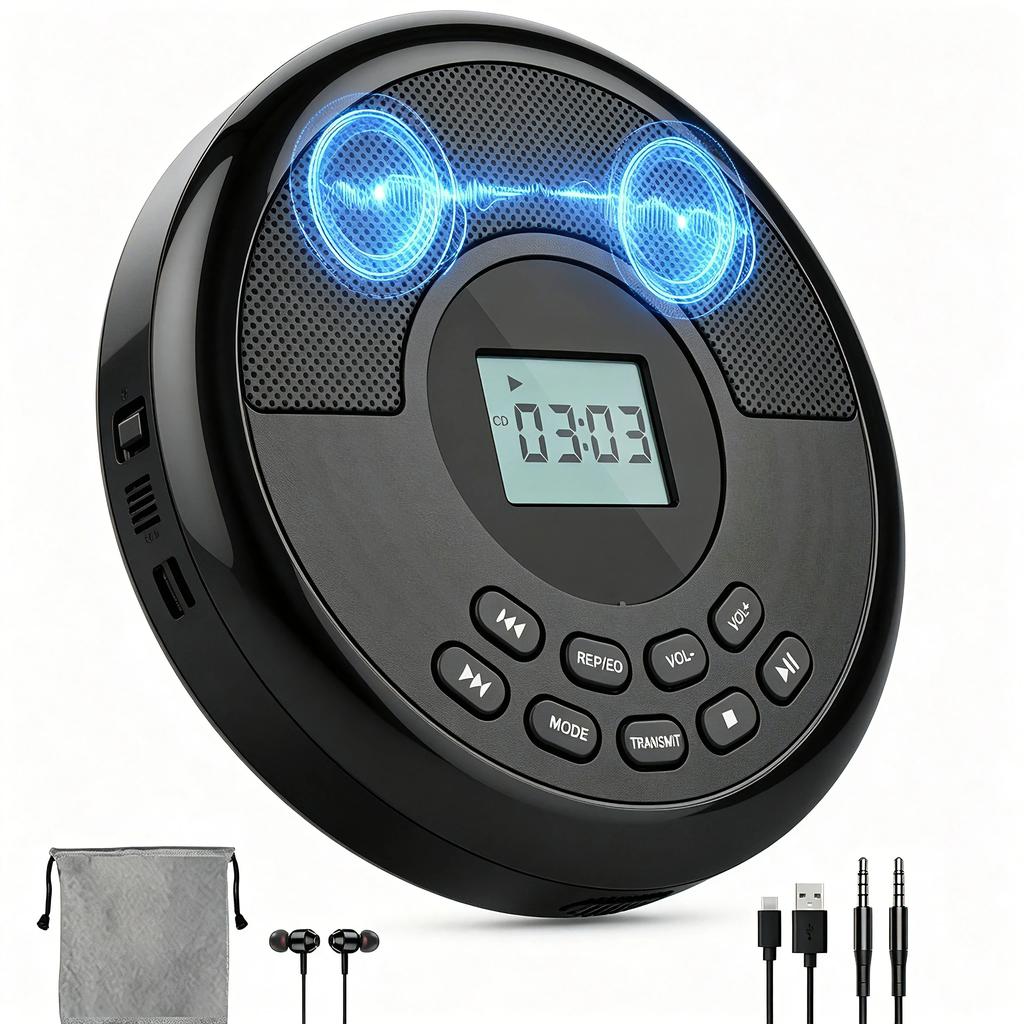 Портативный CD-плеер Walkman, CD-плеер с Bluetooth-передатчиком и встроенными динамиками, поддержка наушников, перезаряжаемый Discman с функцией воспроизведения через USB