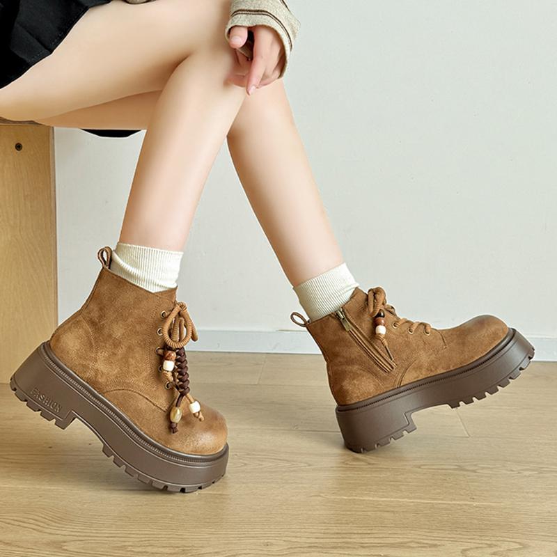 Vintage Chunky Platform Ankle Boots Women Autumn Winter Thick Sole Lace Up Boots Woman Anti Slip Zipper Short Booties Mujer
