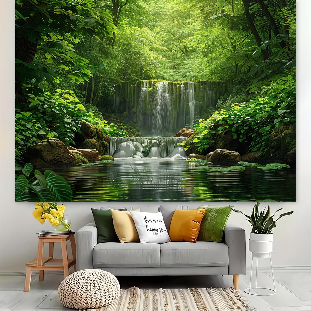 2D planar banner, 1 piece of lush green forest waterfall scenery background fabric - dreamy photography background