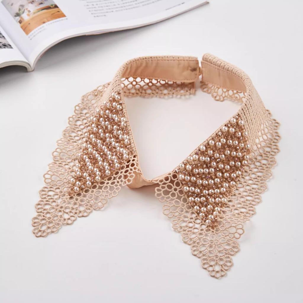Lace Black White Detachable Fake Collar Beaded Tie Shirt Women's Blouse Top Dickey Detachable Lapel Fashion Accessory