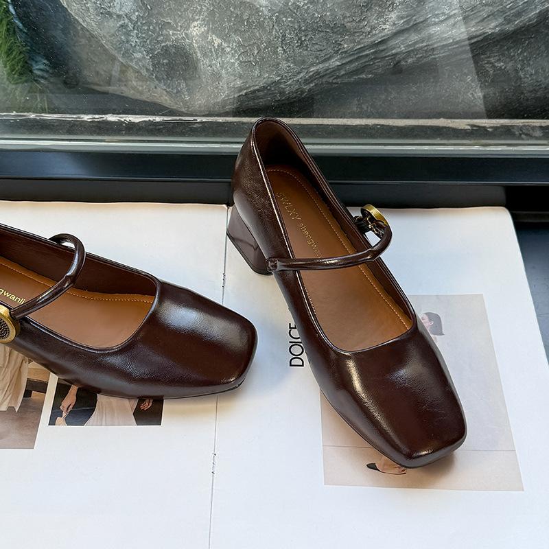 Coarse Heel Single Shoes Autumn Light Mouth Versatile Retro Mary Jane Shoes Women's Lace-up Metal Decorative Square Head One-word Strap Single Shoes