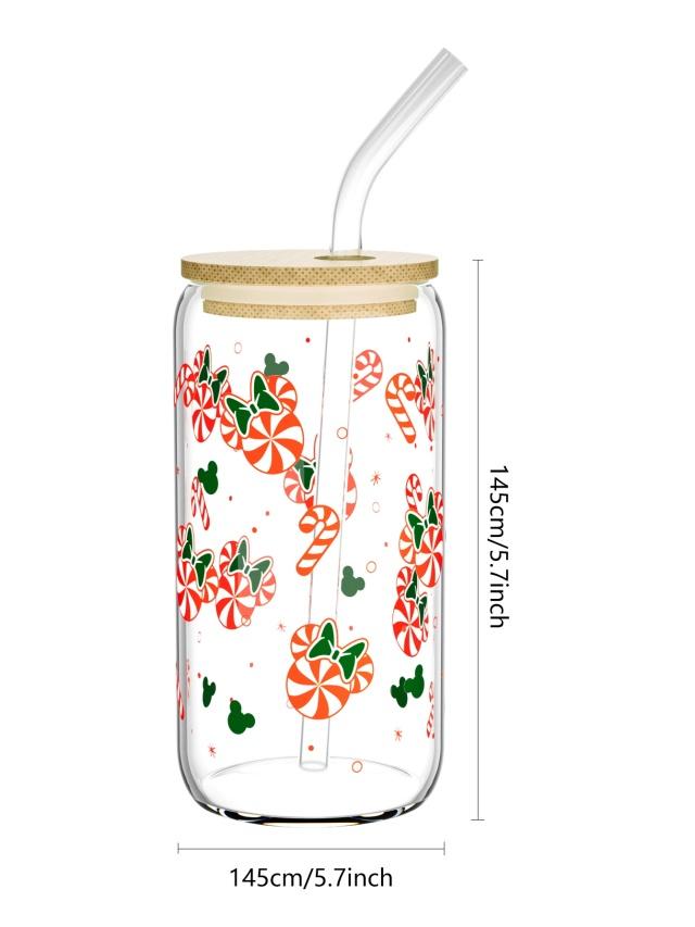 500ml Christmas Glass Cup Xmas Tree High Borosilicate Drinking Glass With Lid&Straw,Brush Juice Coffee Cup Christmas Gifts