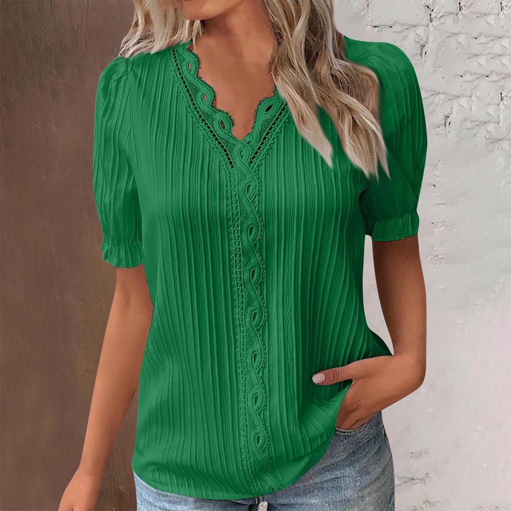 Summer Women's V-neck Lace Print Irregular Ruffle Light Casual Street Style Solid Color T-shirt Tops