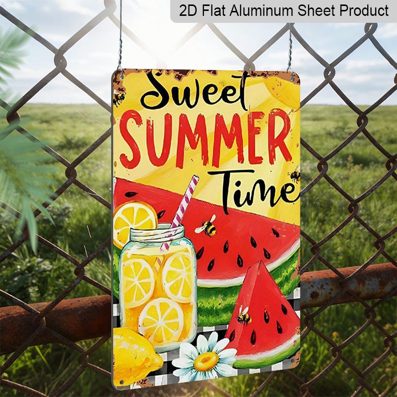 2D Flat, Vintage Summer Metal Wall Plaque - Lemonade & Watermelon Slices with Sweet Summer Time Text - 8x12 Inch Retro Aluminium Sign for Home, Cafe