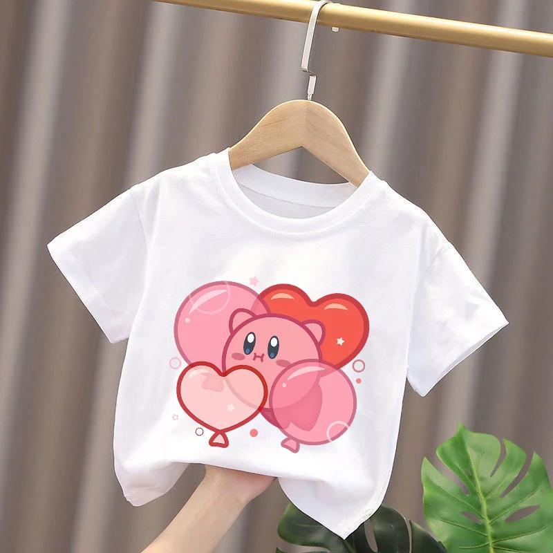 Kirbys Shirt Summer O-neck Round T-shirt Baby Cotton Short-Sleeve Tops Girl Solid Color Kid Printed Anime White Tshirt Cute Tees