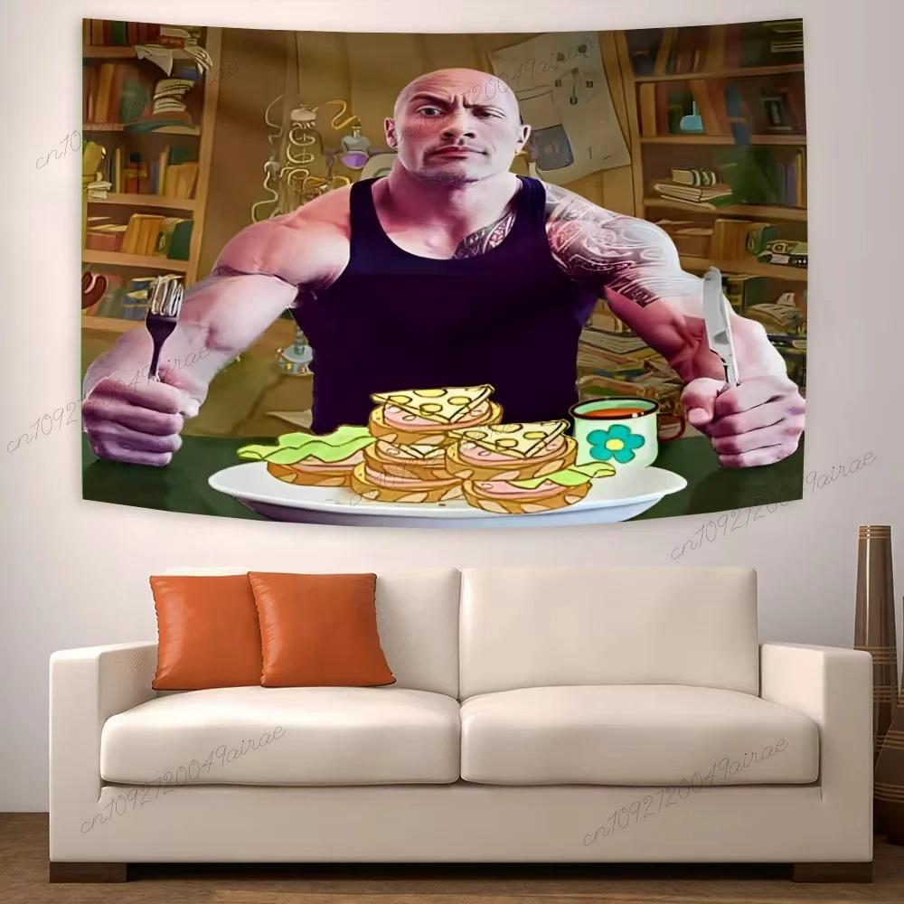 The Rock Pancake Meme Tapestry Funny Pop Culture Print Polyester Wall Hanging for Living Room Viral Meme and Comedy Home Dec