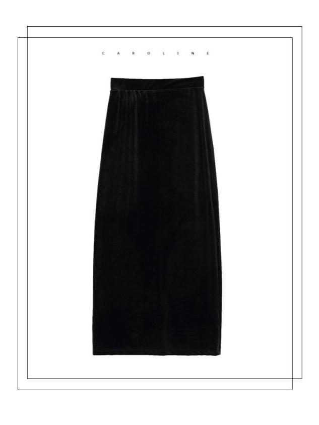 Ретро Осенне-зимняя черная бархатная миди-юбка с высоким поясом и разрезом - Облегающий силуэт