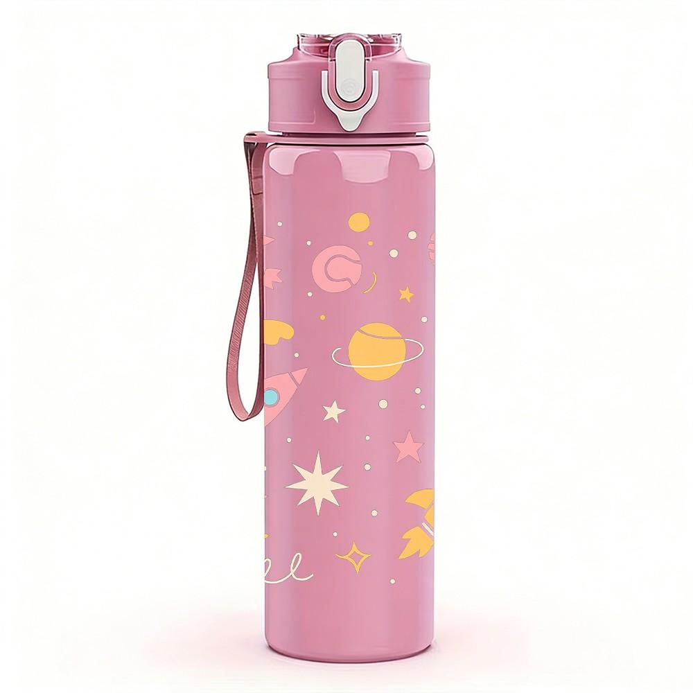 1PC Planet Rocket Space Pattern 750ml Color Plastic Sports Water Bottle Leakproof Flip Straw Lid Suitable for Sports Office Home Use