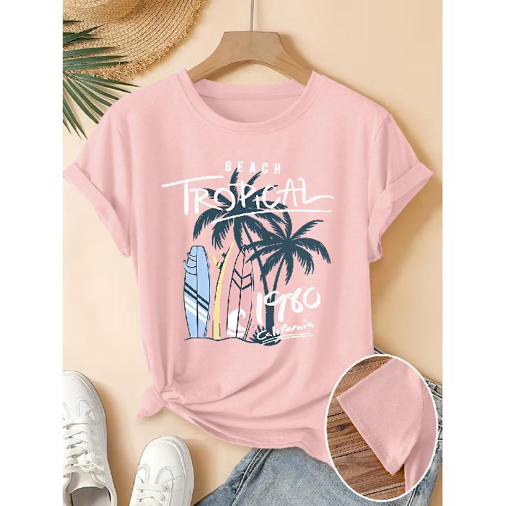 Women's Elegant Short Sleeve Gift with Coconut Tree Surfboard California Beach Print Pattern Vintage Round Neck T Fresh and natural style