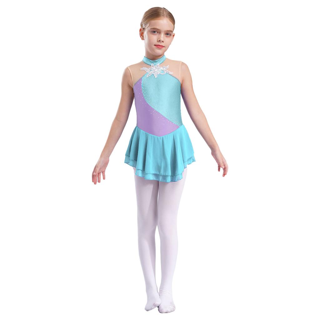 Детское платье для катания на коньках, украшенное стразами, цветочный лоскутный костюм без рукавов
