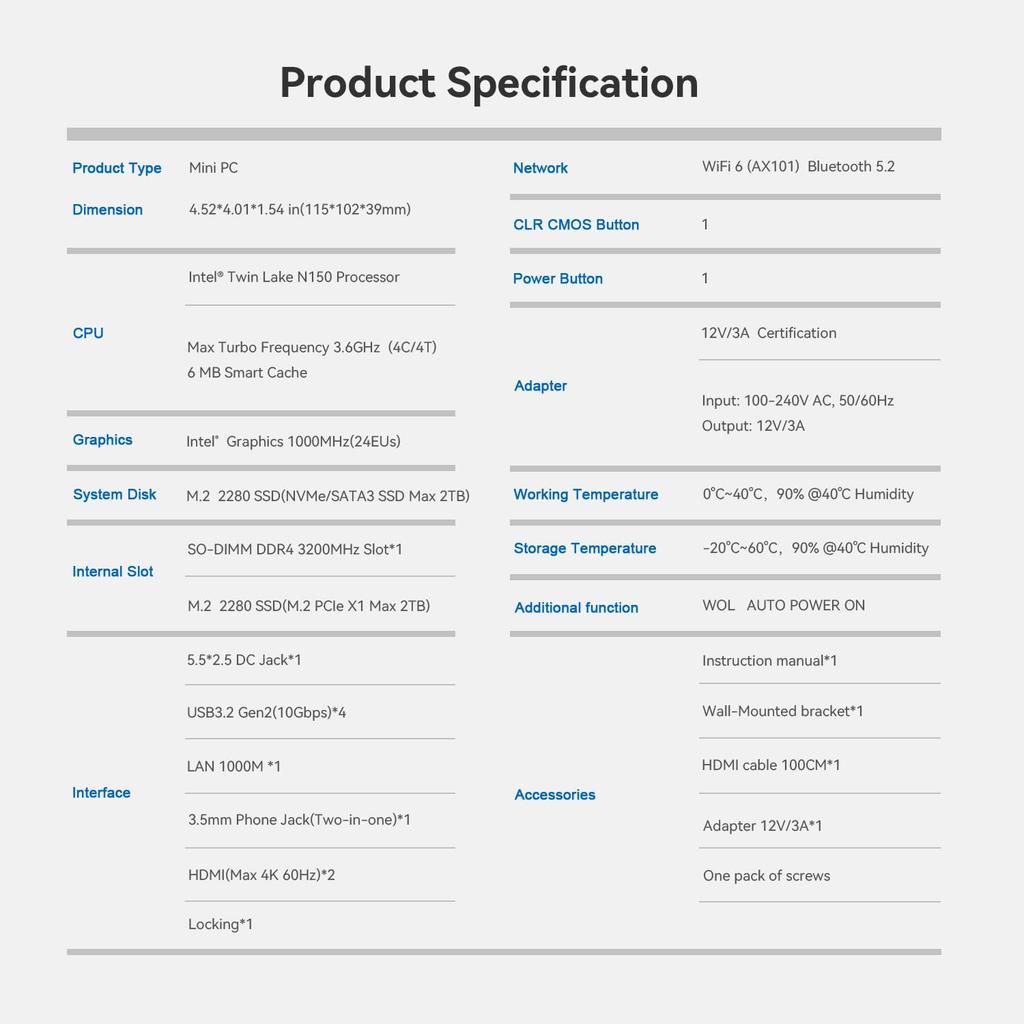 Beelink Pro Mini 13-го поколения Intel Twin Lake N150 процессор для Mini 16 ГБ ОЗУ 1 ТБ SSD бизнес двойной MINI-S13 ПК, (до 3,60 ГГц) Компьютер, ПК,