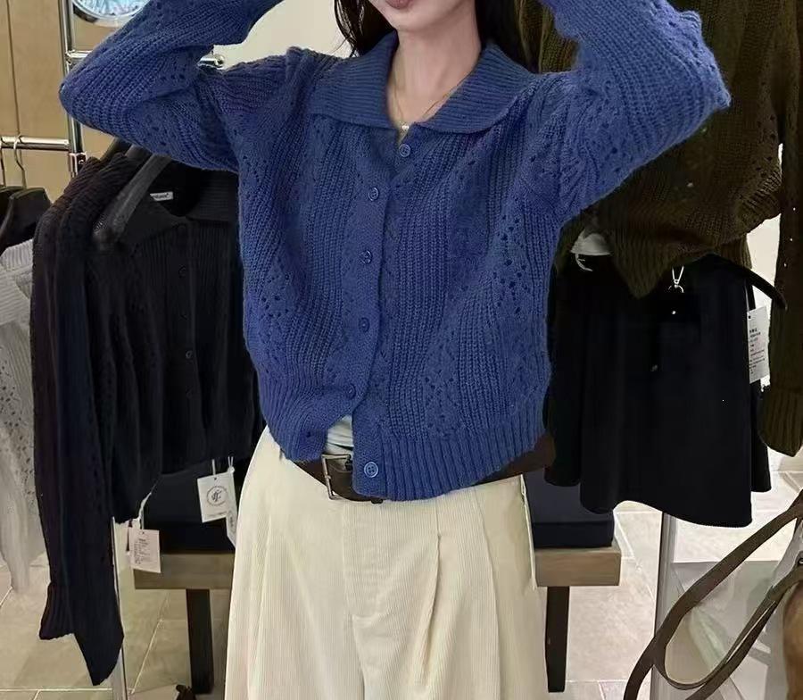 Korean Style Women's Hollow-Out Knit Lapel Top - Chic & Versatile Sweater