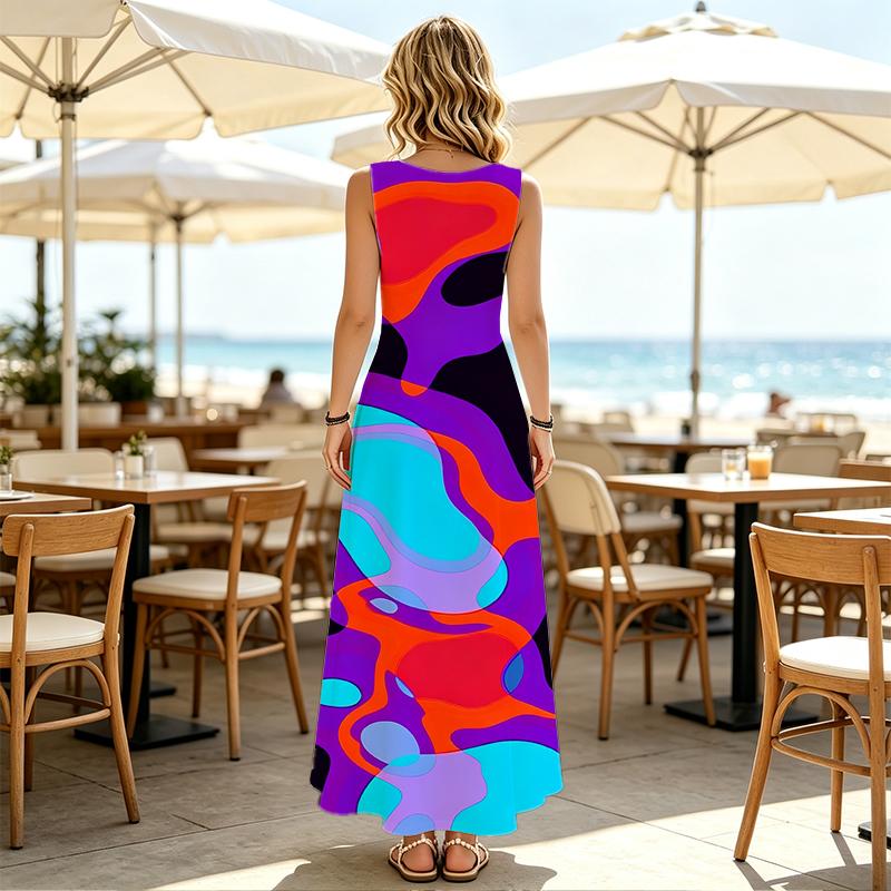 Women's Sleeveless Maxi Dress Boho Colorful Abstract Design,Soft Comfy Fabric,Casual Loungewear for Summer Daily Wear
