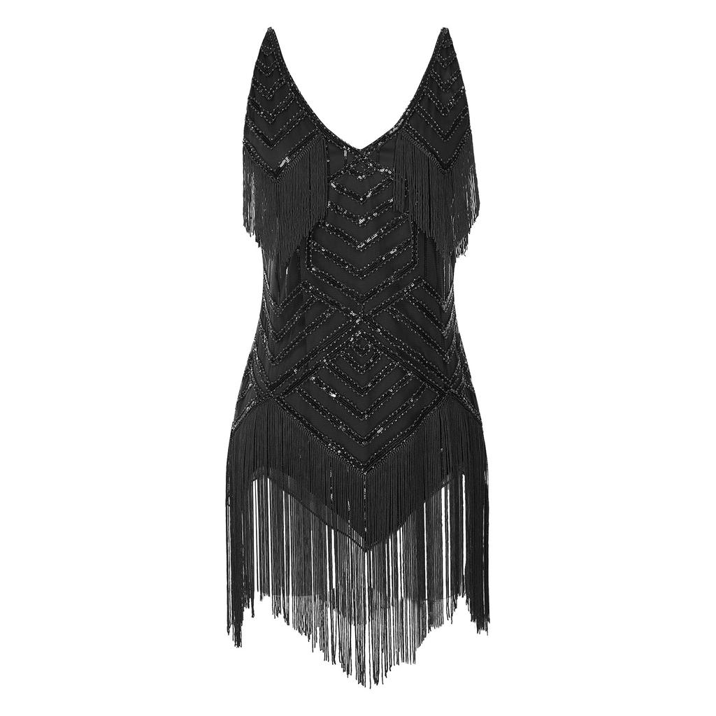 Womens 1920s Flapper Dance Dress V Neck Shiny Sequins Adjustable Spaghetti Straps Fringe Latin Party Costume