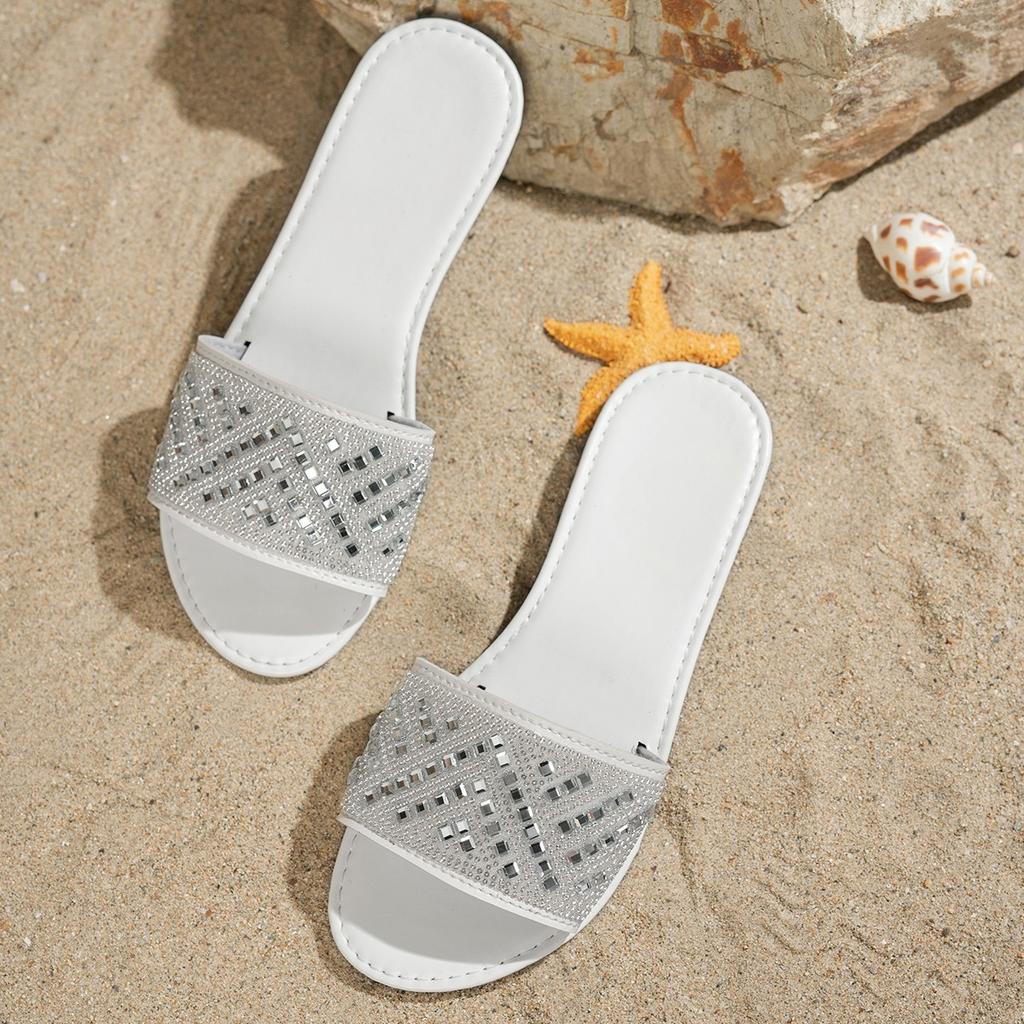 Тапочки большого размера летняя обувь тренд тапочки со стразами новая мода универсальные на плоской подошве пляжные тапочки