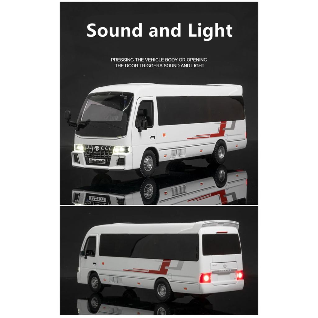 1/32 Toyota Coaster Alloy Bus Car Diecasts Metal Passenger Coach Vehicles Car Model Simulation Sound and Light Collection Kids Toy Gift