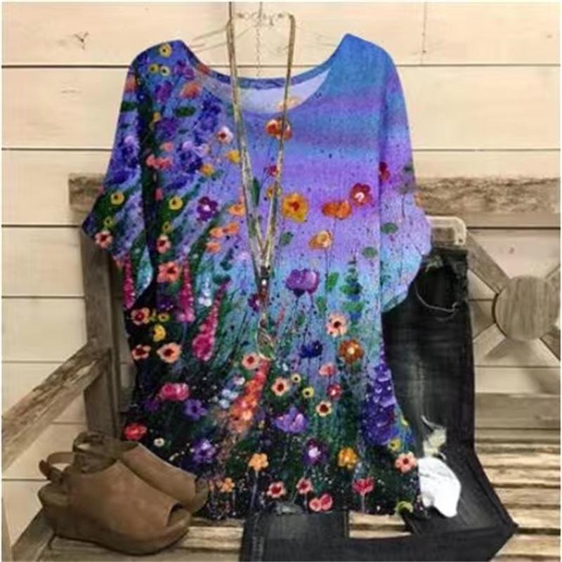 Женские футболки с круглым вырезом, ретро-цветочные принты, повседневные пуловеры, свободные футболки с короткими рукавами, женская модная одежда на лето