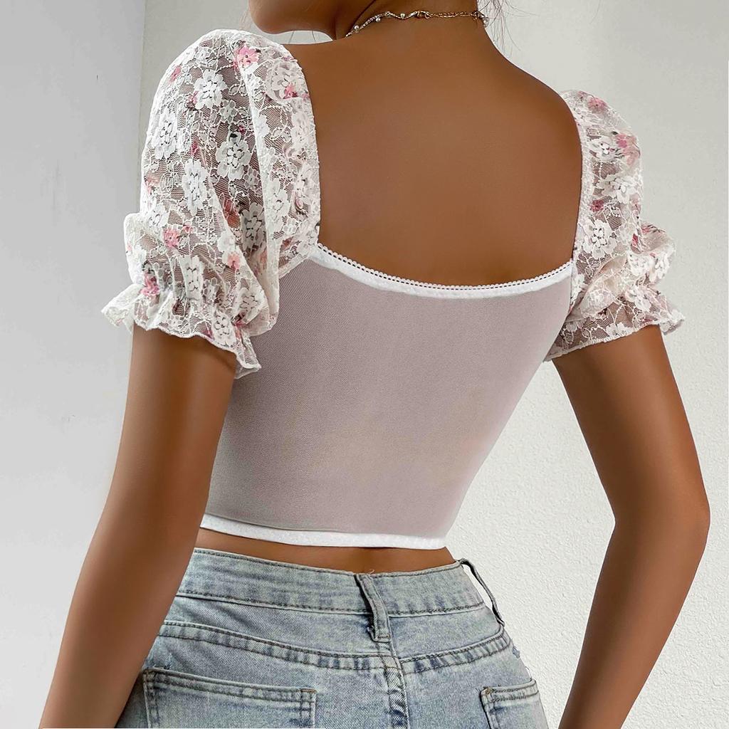 Casual V Neck LaceT Shirt Mesh Short Sleeve Crop Top Women Embroidered Flower T-shirt Casual Tank Top Slim Female Crop Top Fashion Tee Shirt Y2k