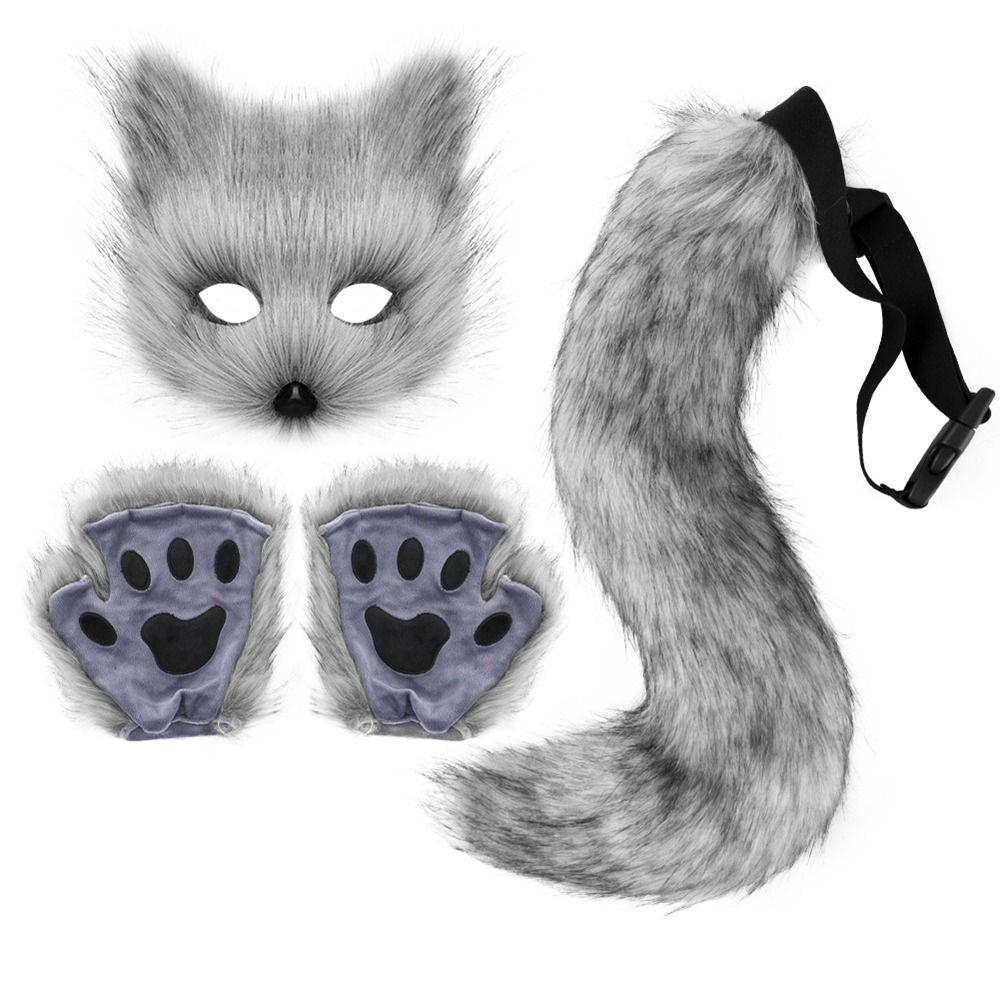Novelty Simulation Fox Mask Gloves Dress Up Plush Animal Ears Mask Masquerade Party Tail Set Halloween Day