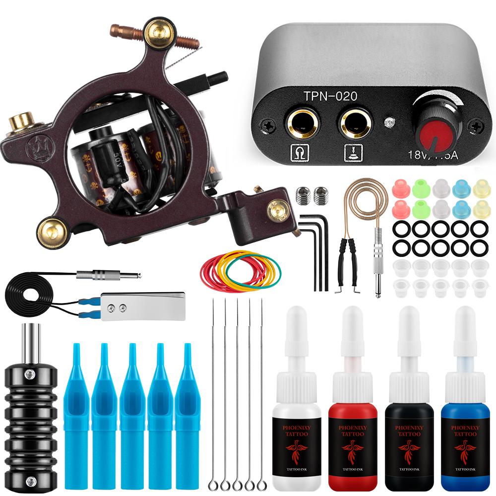 Набор катушек для татуировки PHOENIXY с 4 цветами чернил для татуировки, профессиональная катушка, лайнер для татуировки, шейдер, инструменты для татуировки, комплект принадлежностей для татуировки