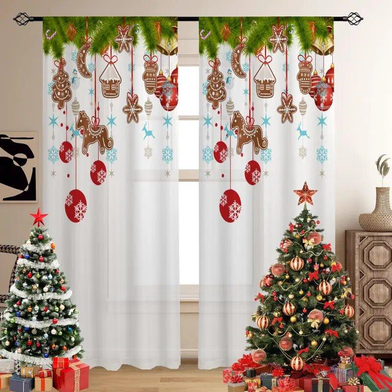 2pcs -Christmas decorations, Christmas trees, Christmas snowflakes print curtains, pole bag curtains, home decoration,