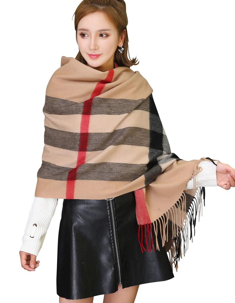 Thick Cashmere Plain 70cm Wide X 200cm Long [RAINBOW] Large, 100% Stole, Check, (Check Camel)