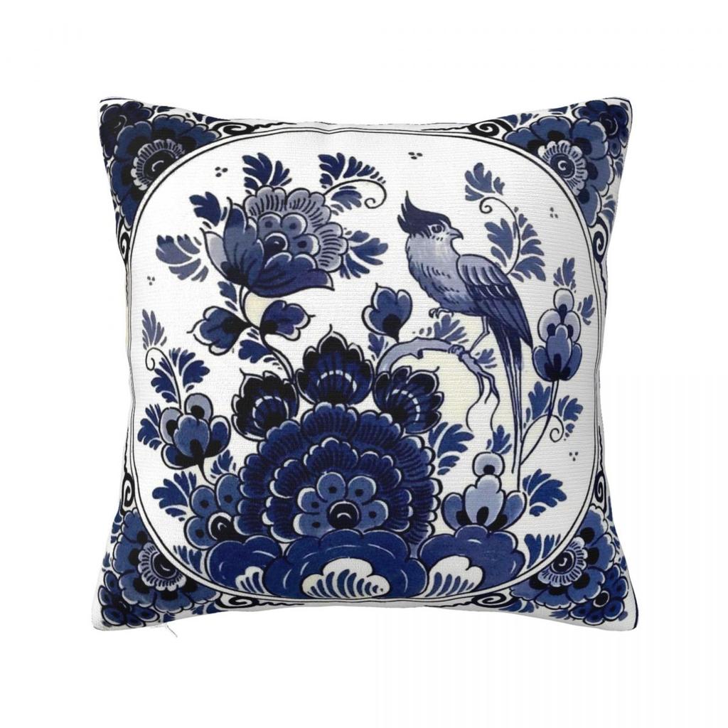 DUTCH BLUE DELFT Vintage Blue Bird And Flowers Print Square Pillowcase Pillow Cover Cushion Throw Pillow for Home Bedroom