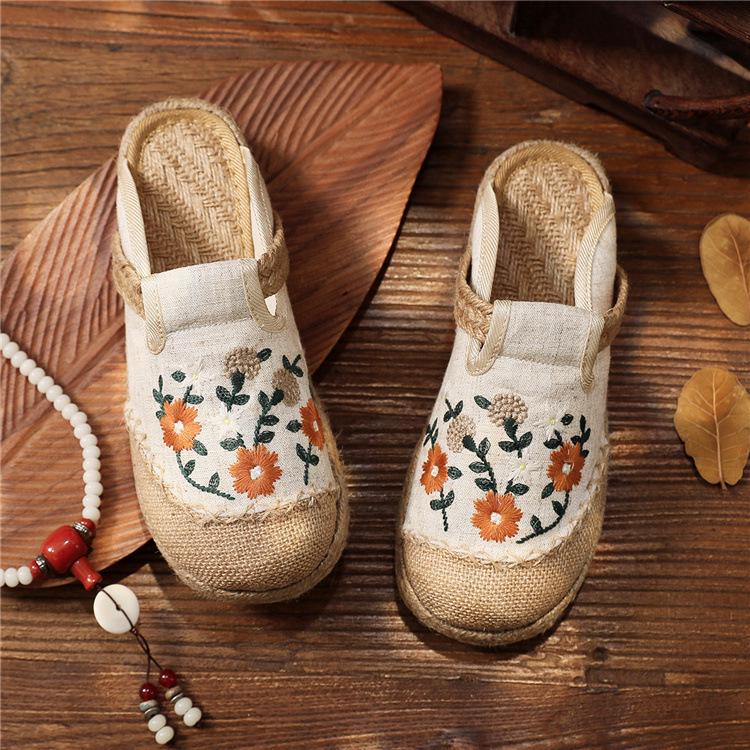 2025 Вышитые балетки: Весна, лето, осень Женская повседневная обувь из льна в национальном стиле