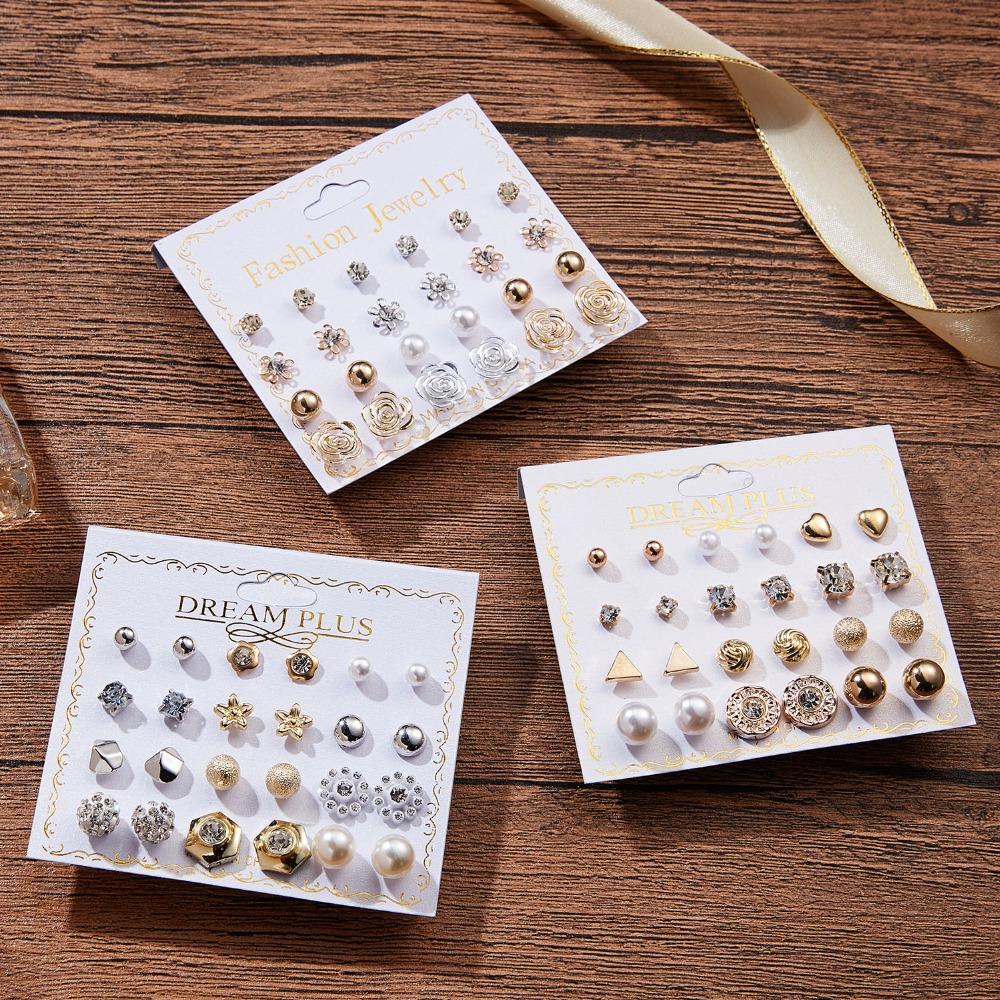 12 Pairs/set Classic Crystal Stud Earring Sets Women's Round Ball Metal Pearl Flower Earrings For Women Gift Mixed Jewelry