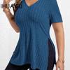 Весенне-летняя модная однотонная женская футболка с v-образным вырезом и короткими рукавами, пуловер с разрезом