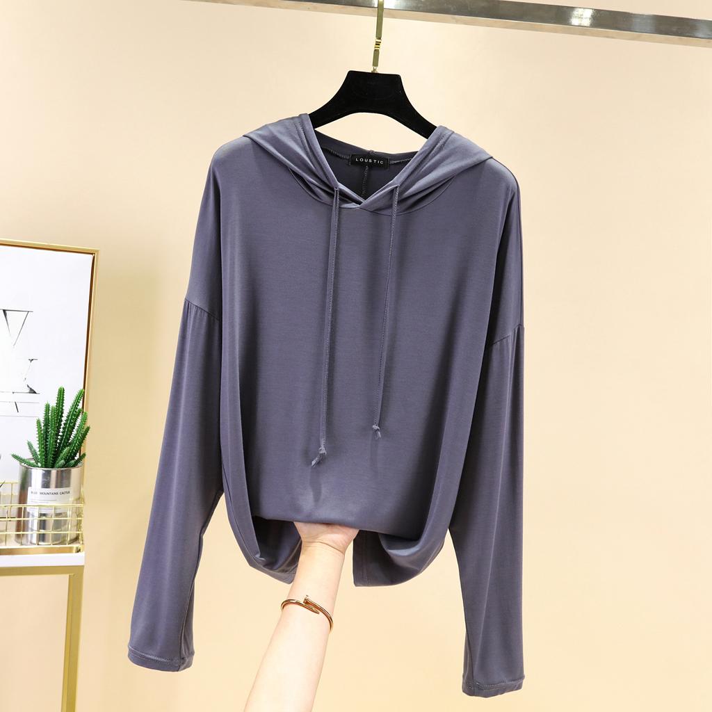 Модальная футболка с капюшоном и длинными рукавами, женская весенняя повседневная свободная рубашка большого размера с внутренней нижней частью, тонкая тонкая верхняя одежда с солнцезащитным кремом