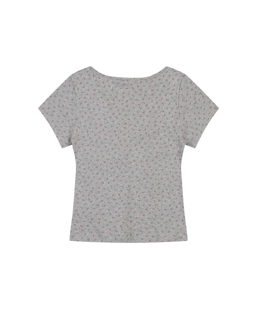 DELICCENT Flower V-Neck T-Shirt [Gray]