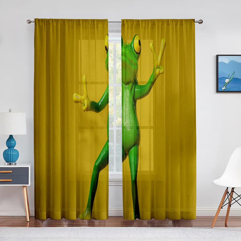 Тюлевая занавеска с зеленым животным, красными глазами, древесной лягушкой на листе, для гостиной, спальни, кухни, декор, вуаль, прозрачная занавеска, оконные шторы