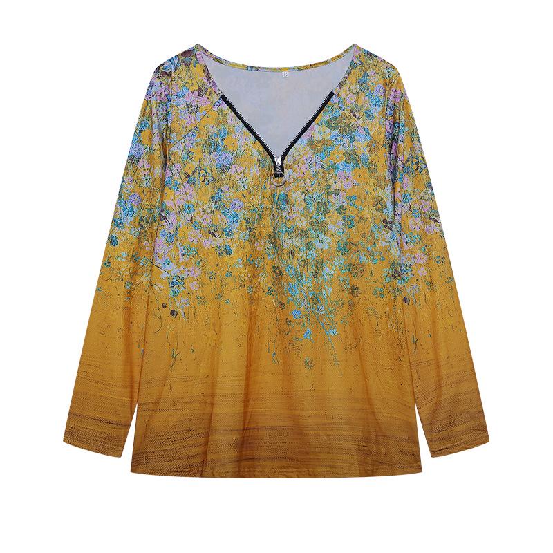 2023 Women's Floral V-neck Zipper Long Sleeve Top