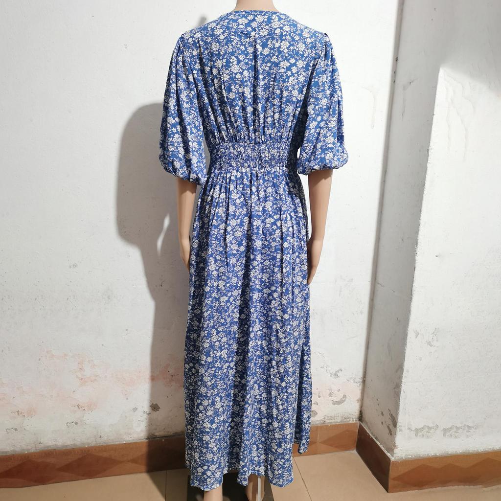 Женское весеннее короткое платье с рукавами-фонариками, цветочным принтом и V-образным вырезом, летнее повседневное платье А-силуэта длиной до щиколотки, эластичное, с высокой талией и разрезом, в стиле бохо, пляжные платья