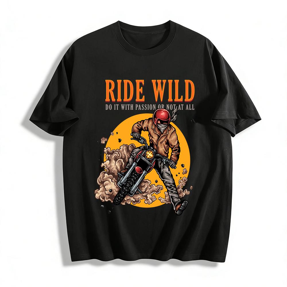Ride Wild Passion Графическая футболка байкера Винтажная мотоциклетная Повседневный топ Хлопковая футболка