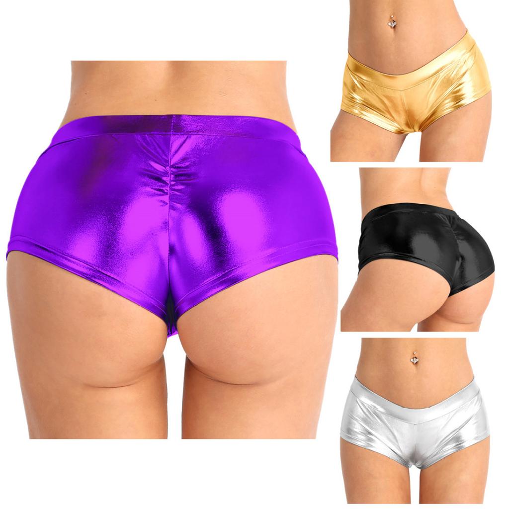Женские сексуальные блестящие эластичные металлические шорты с мокрым эффектом и высокой талией для танцев Rave Booty Шорты Шорты