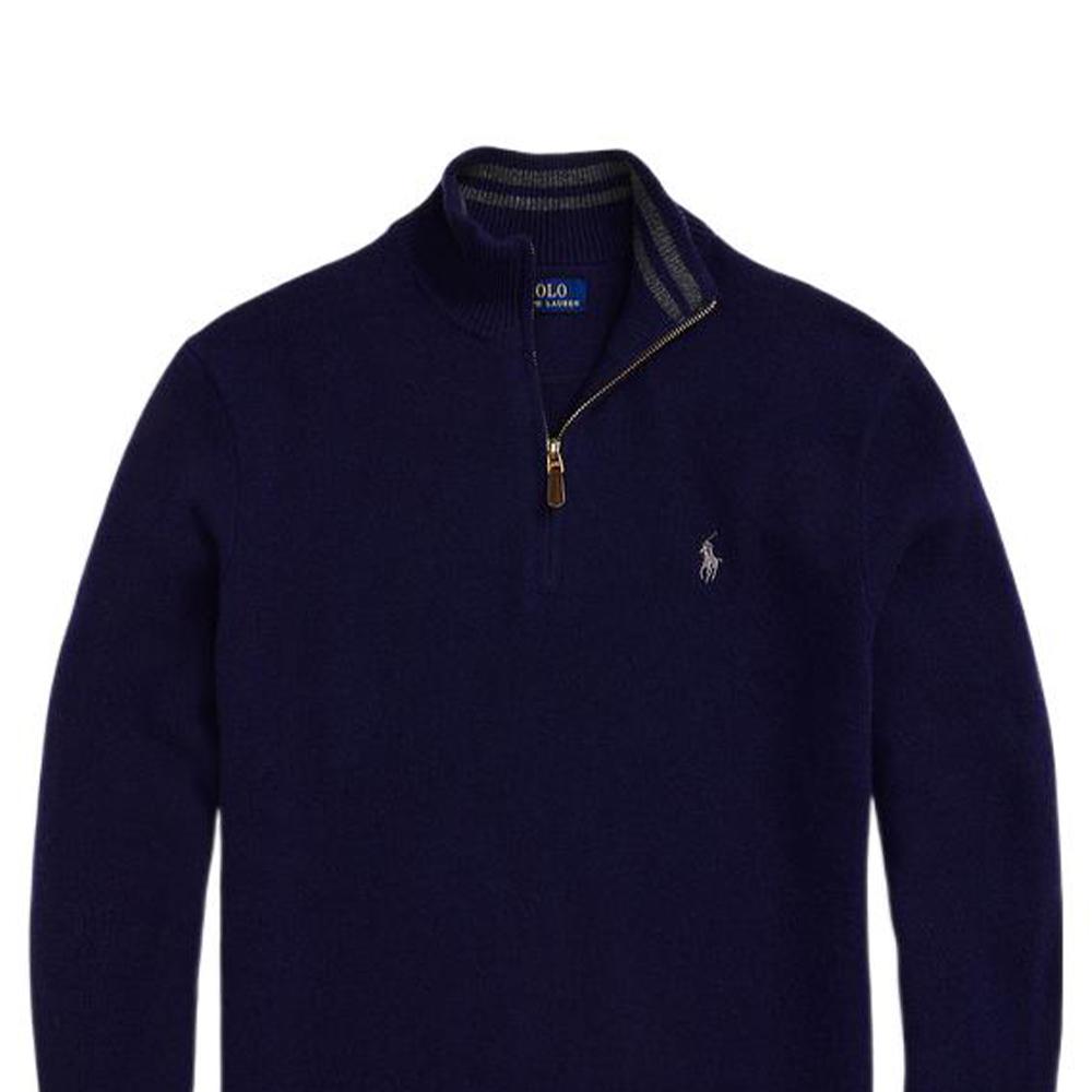 Polo Ralph Lauren FW22 Однотонный трикотажный свитер на молнии с вышивкой логотипа Мужской свитер Синий MNPOSWE16821102-400