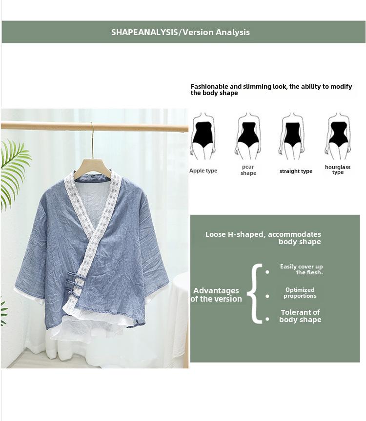 Женская кружевная рубашка из хлопка и льна с рукавом три четверти, весна/осень 2024 г., ретро-стиль, с косым воротником и пуговицами