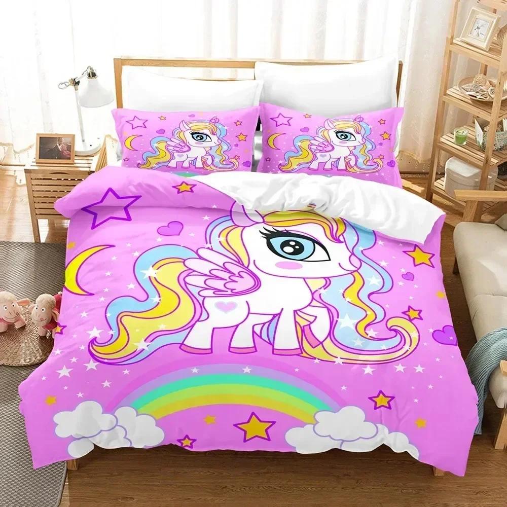 Комплект постельного белья с рисунком единорога из мультфильма King Queen Size, милый розовый, синий, сказочные животные, комплект постельного белья из полиэстера для девочек и детей