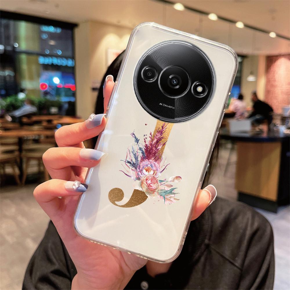 Чехол для телефона Xiaomi Redmi A3 redmia3 Прозрачный силикон Защита камеры Цветы Золотые буквы A-Z Прозрачная крышка