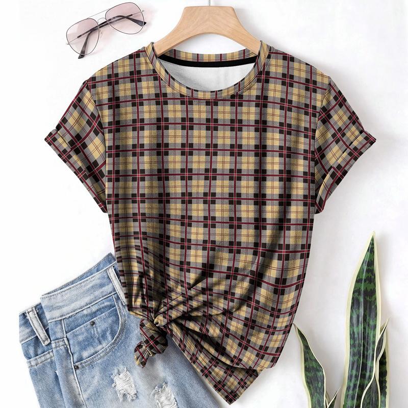 Striped Casual Sports Women's T-shirt Summer Round Neck Short Sleeved Element Pattern Checkered Loose Fit T-shirts