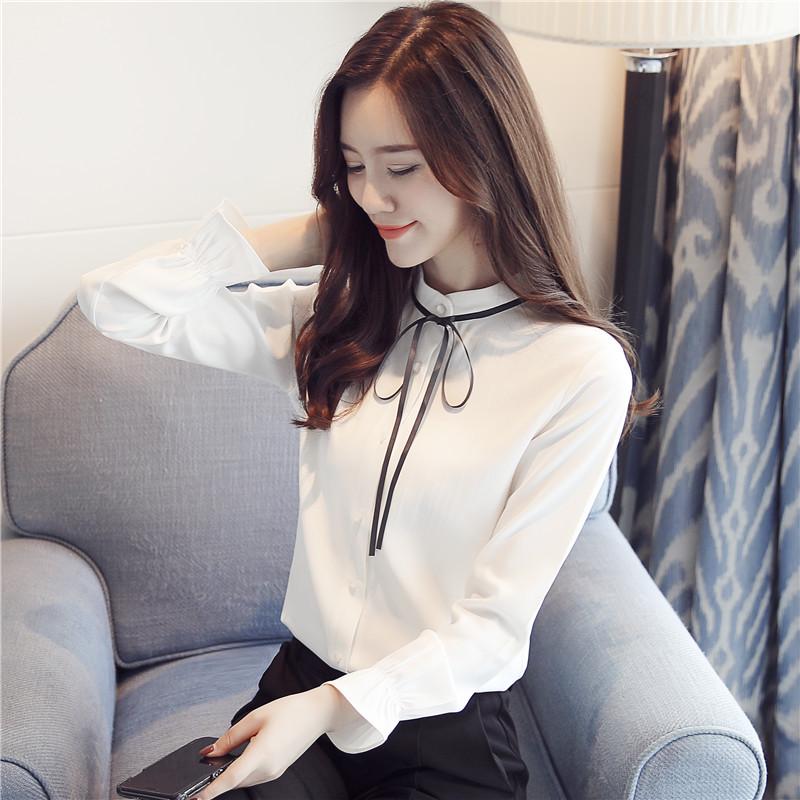 Весенняя новая корейская версия, тонкая шифоновая рубашка большого размера, женская рубашка с воротником-стойкой, тонкая бретелька, шифоновая рубашка с длинными рукавами