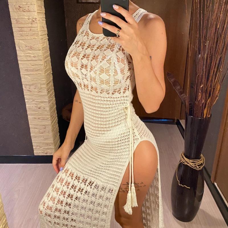 Женское сексуальное бикини с кисточками, длинное, однотонное, круглое, без рукавов, длинное платье