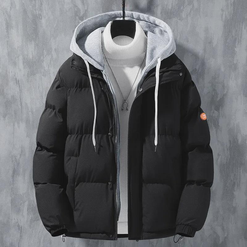 Men's Faux Two-Piece Cotton Winter Coat Loose Hooded Thickened Warm Student Coat