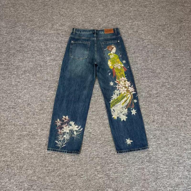 Mens Streetwear Loose Fit Denim Pants With Plum Blossom Embroidery Casual Straight Leg Jeans