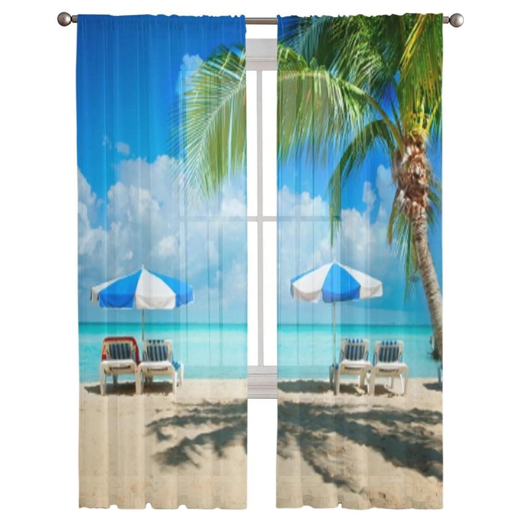 Chairs And Palm Trees On The Beach Sheer Curtains For Bedroom Living Room Tulle Curtains For Kitchen Window Voile Curtains