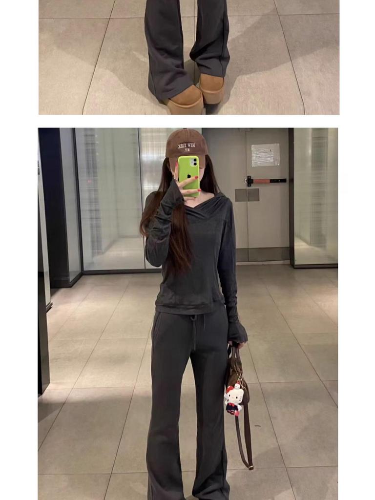 High-Waisted Gray Micro-Flared Women's Sweatpants with Fleece Lining for Spring/Autumn 2025