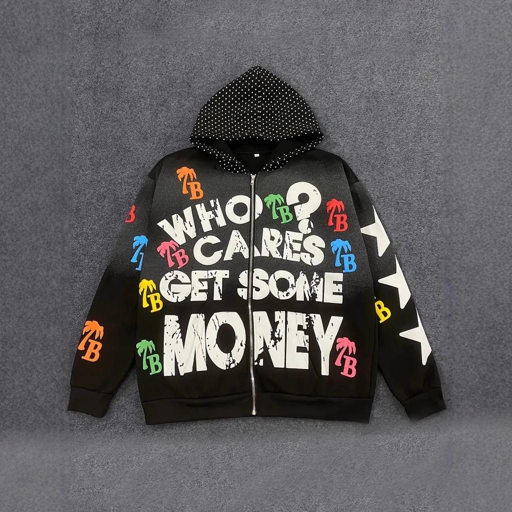 Temu letter print hooded cardigan sweater men's trendy brand loose color pattern couple coat